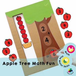 May include: A brown cardboard apple tree with a green treetop and a red apple basket. The tree trunk has a math problem written on it: 2 + 4 = 6. There are red apples with numbers on them around the tree. The text "Apple Tree Math Fun" is at the bottom of the image.