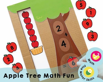 Diversión matemática del árbol de manzanas - Actividad imprimible de suma y resta - Juego de matemáticas para niños para el desarrollo de habilidades motoras finas y numéricas