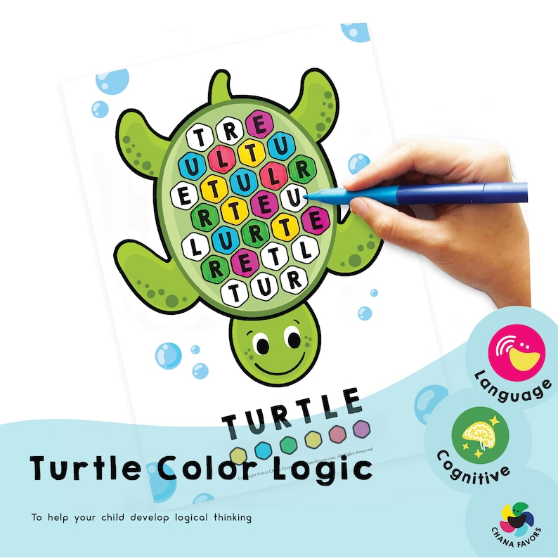 Turtle Color Logic english Printable PDF Kids Coloring Sheet to Help