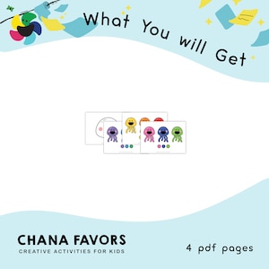 May include: A printable activity for children featuring four pages with colourful jellyfish illustrations. The pages include a blank template for colouring, a page with a jellyfish with a rainbow colour scheme, a page with a jellyfish with a pink colour scheme, and a page with a jellyfish with a green colour scheme. The text "What You Will Get" is at the top of the image. The text "CHANA FAVORS CREATIVE ACTIVITIES FOR KIDS" is at the bottom left of the image. The text "4 pdf pages" is at the bottom right of the image.