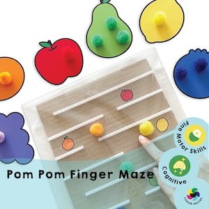 May include: Pom Pom Finger Maze game with colorful fruit and vegetable cutouts. The game includes a clear plastic bag with a brown cardboard maze and white straws. The game is designed to help children develop fine motor skills and cognitive skills.