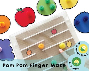 Fruit Sorting Pom Pom Finger Maze: Fine Motor Skills Game (Printable PDF)