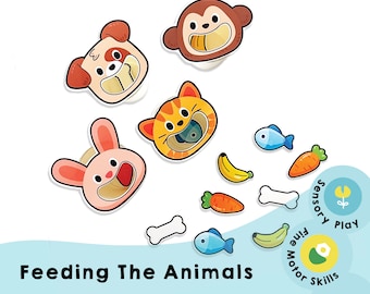 Feed the Animals - Printable homeschool sensory play activity to help your child enhance their ability to see and touch through experience