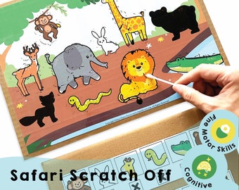 Safari Scratch Off Imprimible - ¡Emocionante actividad de descubrimiento de animales para niños! Desarrolla la motricidad fina y fomenta el aprendizaje interactivo.