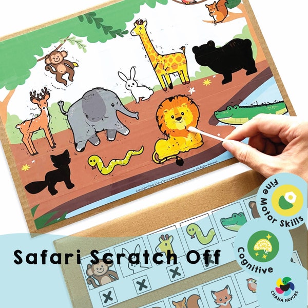 Safari à gratter imprimable - Une activité passionnante de découverte d'animaux pour les enfants ! Développe la motricité fine et encourage l'apprentissage interactif.