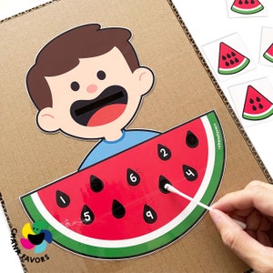 Conteo de sandías imprimible Actividad previa a las matemáticas Habilidades de motricidad fina y reconocimiento de números a través del juego creativo con frutas para niños imagen 5