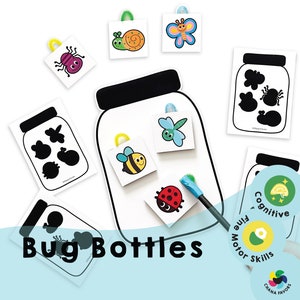 Bug Bottles Printable brain game to practice thinking step-by-step, guess the size and shape of insects, pick and place insects in place image 1