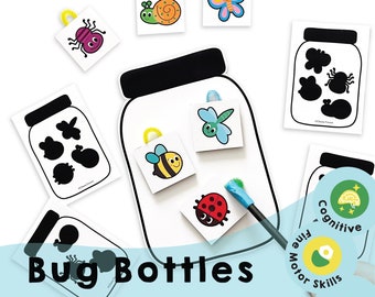 Botellas de insectos: juego mental imprimible para practicar el pensamiento paso a paso, adivinar el tamaño y la forma de los insectos, escoger y colocar insectos en su lugar