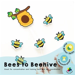 Bees to Beehive Printable preschool kids activity, great homeschool resources for concentration and training hand and eye coordination image 1