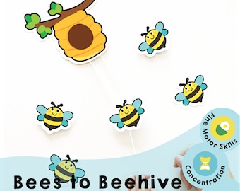 Bees to Beehive - Attività stampabile per bambini in età prescolare, ottime risorse scolastiche a casa per la concentrazione e l'allenamento della coordinazione mano-occhio