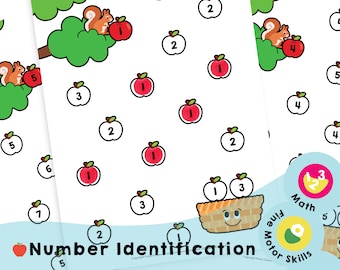 Apple Number identification - Printable preschool homeschool worksheets to reinforce the numbers 1 to 9 and exercise hand-eye coordination