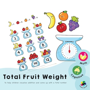 Total Fruit Weight - Printable PDF - Download Only - Preschool homeschool | Help children visualize addition | Solve early math problems!