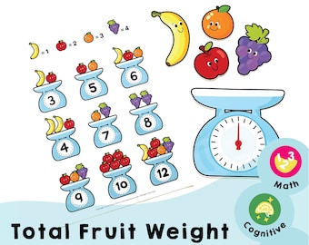 Peso totale del frutto - Attività scolastica prescolare stampabile per aiutare il bambino a visualizzare l'addizione e imparare a risolvere i primi problemi di matematica