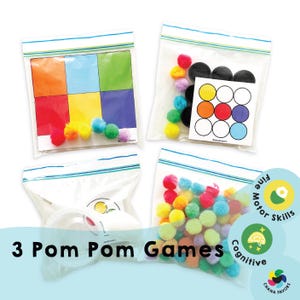 3 juegos con pompones: PDF imprimible, solo descarga, kit de actividades portátil, bolsas de actividades para niños, juegos de viaje y habilidades motoras finas
