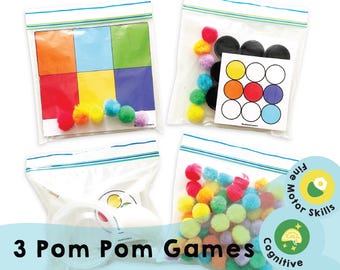 Pode incluir: Três sacos de plástico transparentes com pompons coloridos e cartas de jogo. Os cartões incluem um jogo de correspondência de cores, um jogo de classificação de cores e um jogo de contagem. O texto nas sacolas diz "Desenvolver habilidades motoras finas" e "Cognitivo".