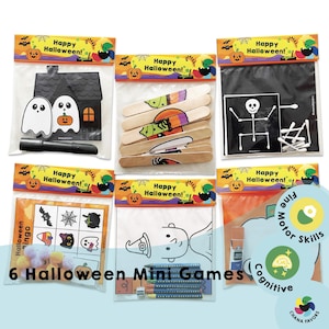May include: Six Halloween-themed mini games in individual clear plastic bags. Each bag has a different game, including a ghost and house matching game, a skeleton drawing game, a witch coloring page, a bingo game, a popsicle stick game, and a pumpkin tracing game. The bags are labeled "Happy Halloween!" and have a pumpkin, bat, and ghost design. The games are designed to build motor skills and cognitive skills.