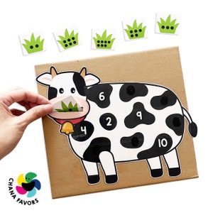 Feed the Cows Printable - Counting game featuring cute cow illustrations. Printable for instant download by Chanafavors. Available on Etsy store.