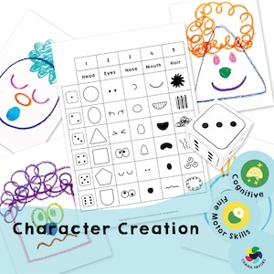May include: A printable character creation game with a grid of different head, eyes, nose, mouth, and hair options. The game includes a dice with black dots and a title that says "Character Creation".