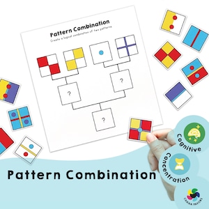 Op de afbeelding: Een printbaar werkblad met een logische puzzel met patrooncombinaties. De puzzel toont een boomdiagram met vierkanten die verschillende gekleurde en gepatroneerde vormen bevatten. Het werkblad heeft de titel "Patrooncombinatie" en bevat de tekst "Maak een logische combinatie van twee patronen".