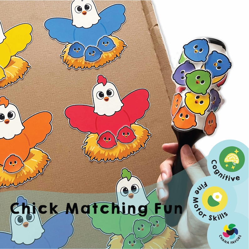 May include: A colorful chick matching game with a red, orange, blue, and green chick with chicks in their nests. The game is designed to help children develop fine motor skills and cognitive skills. The game includes a set of chicks and nests, as well as a set of matching cards. The game is suitable for children ages 3 and up.