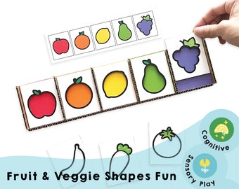 Formas de frutas y verduras divertidas imprimibles - Juego educativo de combinación de formas para niños - Actividad de juego sensorial en la escuela en el hogar - Descarga instantánea