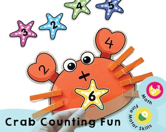 Crab Counting Fun Printable - Interactive Math Game for Kids - Teaches Numbers, Addition, Subtraction, and Fine Motor Skills