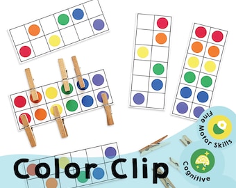 Puede incluir: Conjunto de actividades Color Clip con círculos y cuadrículas de colores para que los niños practiquen la motricidad fina y el desarrollo cognitivo. El conjunto incluye varias tarjetas con diferentes patrones de colores y pinzas de madera.