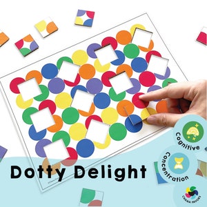 May include: A colourful dotty delight game with a white background and colourful circles. The game is designed to improve cognitive skills and concentration. The game includes a variety of colourful squares that can be placed on the circles.