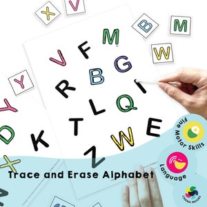 Trazar y borrar el alfabeto inglés - PDF imprimible - Actividad educativa para niños - Para mejorar las habilidades de escritura a mano y el reconocimiento de letras