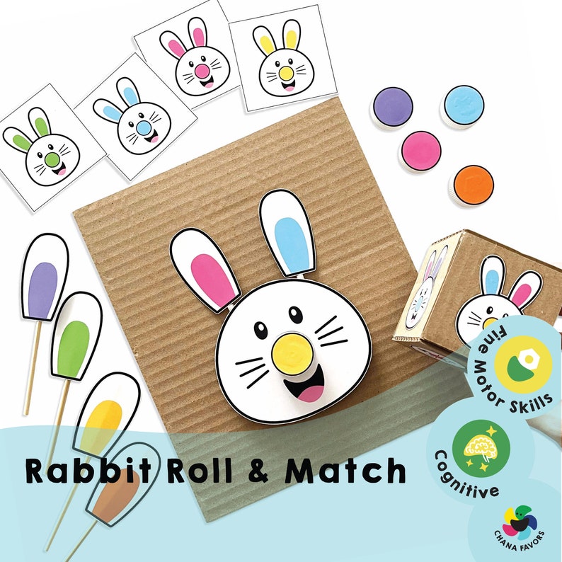 Rabbit Roll & Match Printable Fun Fine Motor Skill Activity Color Matching Game for Kids, Instant Download zdjęcie 1
