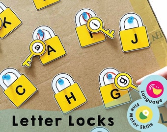 English Letter Locks Printable - Fun Matching Game Preschool homeschool resource to Enhance Letter Recognition & Fine Motor Skills.