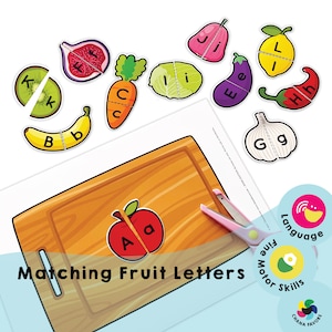 Matching Fruit English Letters - Printable for Kids to Learn Uppercase/Lowercase Letters while Having Fun with Fruit Images and Vocabulary