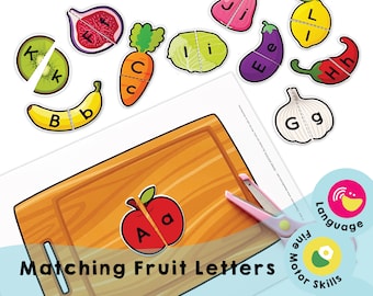 Matching Fruit English Letters - Printable for Kids to Learn Uppercase/Lowercase Letters while Having Fun with Fruit Images and Vocabulary