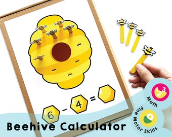 Beehive Calculator Printable - Fun and engaging preschool homeschool math activity for kids to learn basic math with cute bee-themed images.