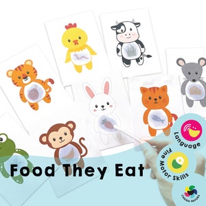 彼らが食べる食べ物 - 印刷可能な PDF - ダウンロードのみ - 子供向けアクティビティ: 動物とその食べ物について学び、語彙を増やし、書き取りのスキルを身につける