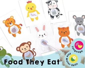 Cibo che mangiano: attività stampabile per bambini per conoscere gli animali e il loro cibo, espandere il vocabolario e praticare i gesti delle dita per scrivere