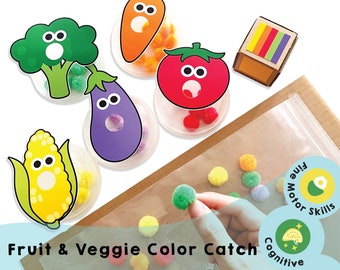 Fruits et légumes Color Catch imprimable - Jeu d'apprentissage amusant pour les enfants - Développe la motricité fine et la reconnaissance des couleurs