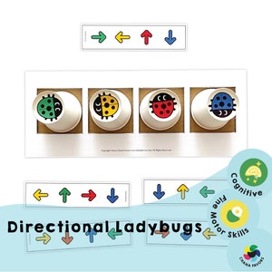 May include: A set of four colorful cups with ladybugs on them. The cups are arranged in a row and are used for a directional game. The game is designed to help children develop fine motor skills and cognitive skills. The game includes cards with arrows pointing in different directions.