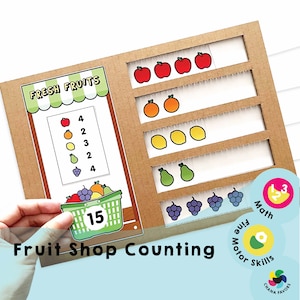 Conteggio del negozio di frutta Gioco di matematica stampabile per bambini. Migliora il riconoscimento dei numeri e le capacità di addizione precoce in modo divertente. immagine 1