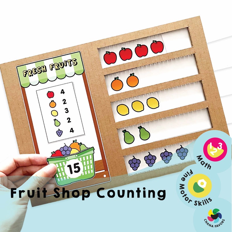 Conteggio del negozio di frutta Gioco di matematica stampabile per bambini. Migliora il riconoscimento dei numeri e le capacità di addizione precoce in modo divertente. immagine 1