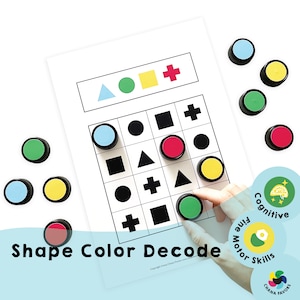 May include: A shape and color matching game for kids. The game board has a grid with different shapes and colors. The player must match the shapes and colors on the game board with the shapes and colors on the game pieces. The game is designed to help kids develop their cognitive and fine motor skills.