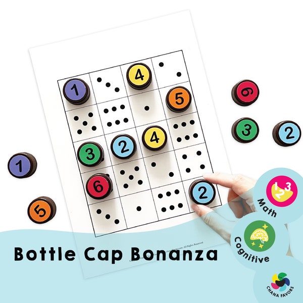 Bottle Cap Bonanza - Educational Printable Numeracy Game for Kids & Adults. Improve Math Skills, Focus, and Attention with this Activity.