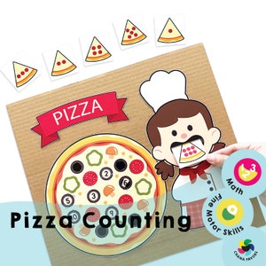 Puede incluir: Un juego de contar pizza colorido con un chef de dibujos animados. La pizza tiene diferentes ingredientes como champiñones, pimientos y aceitunas. El juego incluye un conjunto de rebanadas de pizza para contar y hacer coincidir.