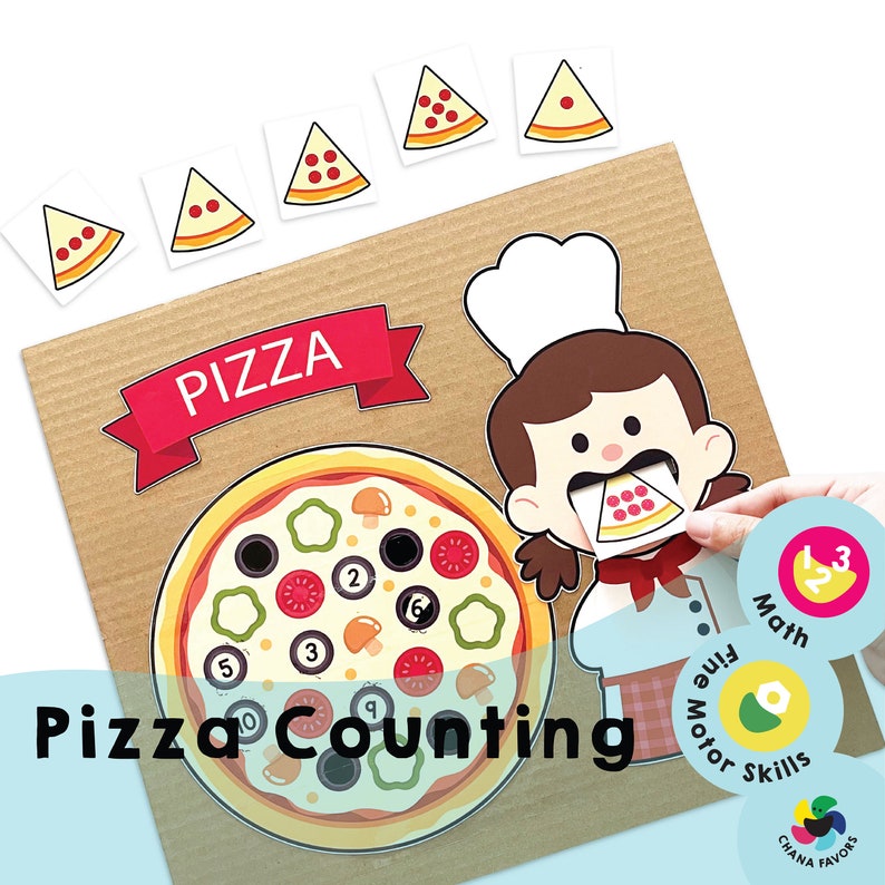 Cover image featuring the Pizza Counting Printable. Colorful pizza slices with hidden numbers. Printable for instant download by Chanafavors. Available on Etsy store.