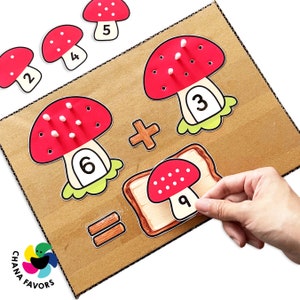 Mushroom Math Mania imprimible Juego de suma Actividad de aprendizaje Promueve la visualización de números y el desarrollo del agarre de pinza imagen 6