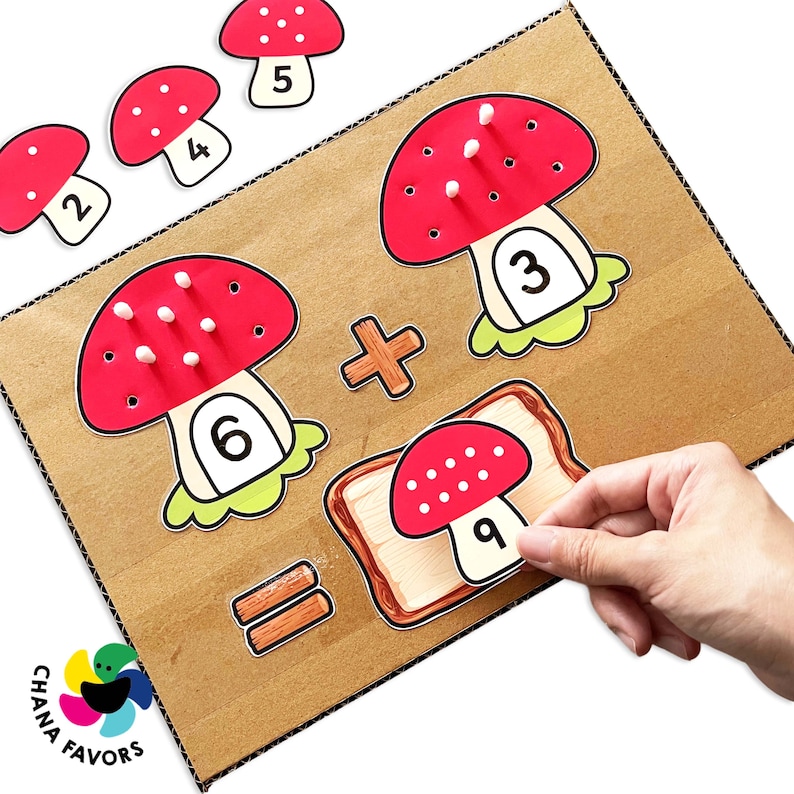 Mushroom Math Mania Printable Addition Game Learning Activity Promotes Number Visualization and Pincer Grasp Development zdjęcie 6