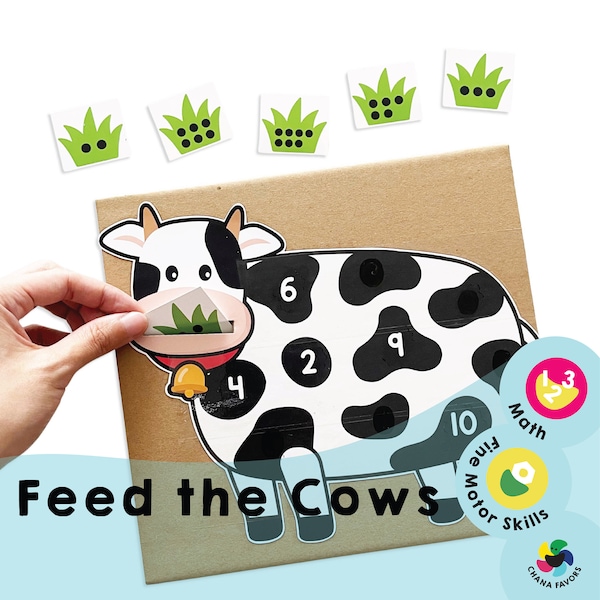Alimenta a las vacas imprimible - Juego de contar para niños - Actividad matemática educativa - Actividad prematemática imprimible en casa