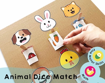 Partita di dadi con animali stampabile - Divertente gioco di apprendimento per bambini, migliora le capacità motorie e il calcolo - Collega numeri con quantità