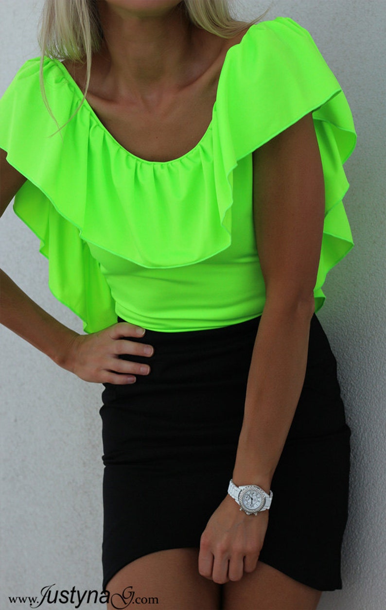 NEON LIME Green Top/Blouse Low Open Back/Backless Ruffle By Etsy