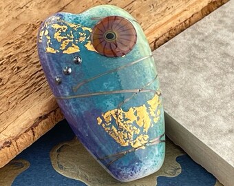 Lampwork Glass Focal Art Bead , Handmade to Order - Green, Blue & Purple Abstract Heart Pendant Bead by Emma Ralph, EJR Beads SRA UK